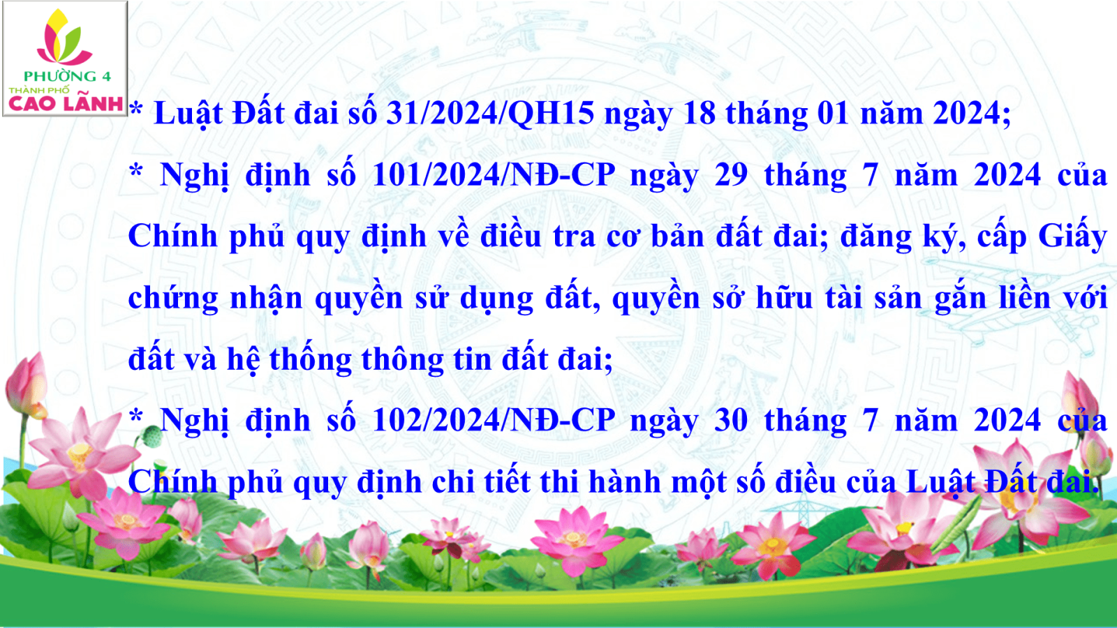 LUẬT ĐẤT ĐAI NGÀY 18 THÁNG 01 NĂM 2024 VÀ CÁC VĂN BẢN HƯỚNG DẪN THI HÀNH